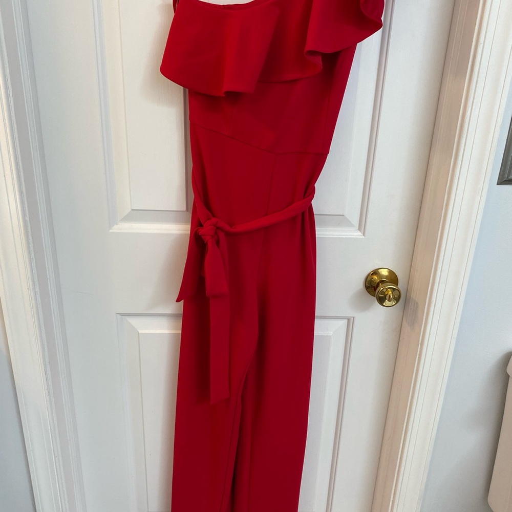 Express One-Shoulder Ruffle Red Jumpsuit - Picture 3 of 4